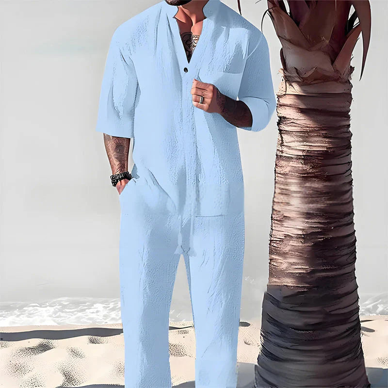 Men's Cotton Linen 2-Piece Set - Casual Top & Pants