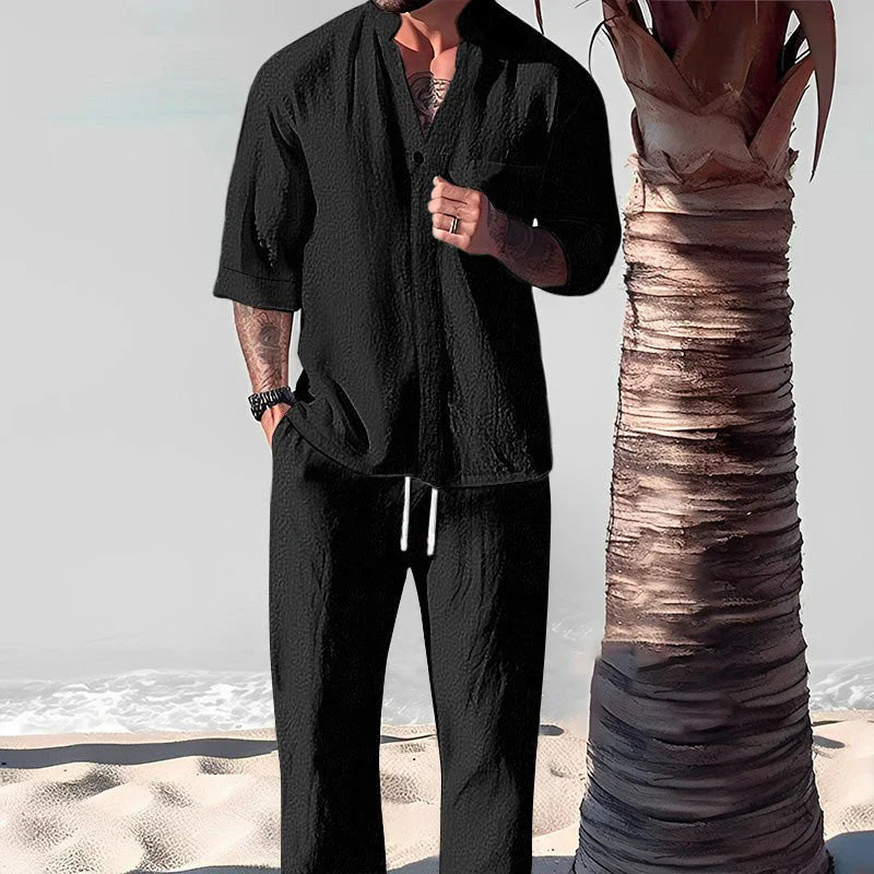 Men's Cotton Linen 2-Piece Set - Casual Top & Pants